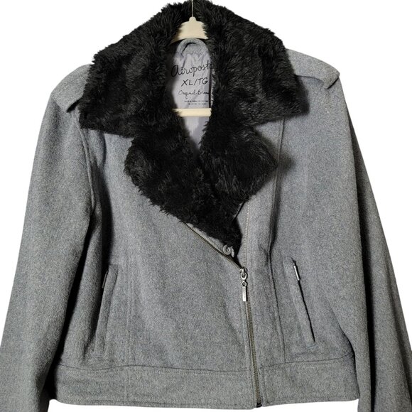 Aeropostale Womens Y2K Gray Wool Blend Coat Jacket XL Faux Fur Lined Collar - Picture 3 of 9